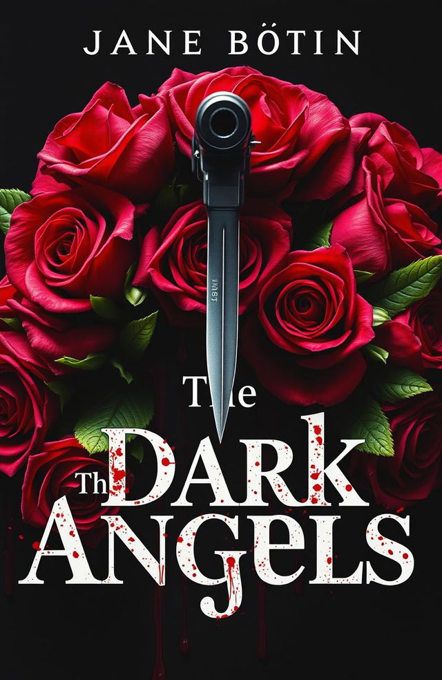 A dramatic book cover titled "The Dark Angels", featuring vibrant roses intertwined around the title