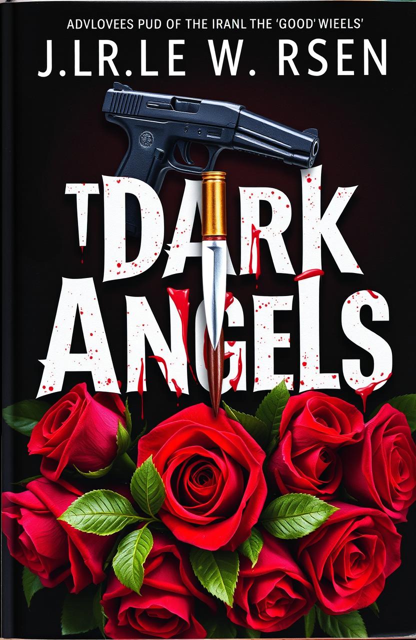 A dramatic book cover titled "The Dark Angels", featuring vibrant roses intertwined around the title