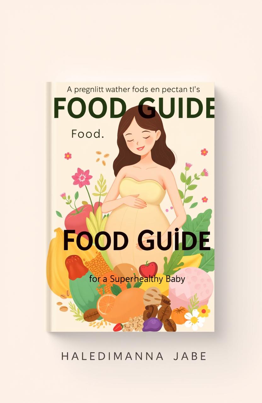 A visually engaging cover design for a food guide titled 'A Pregnant Mother's Food Guide for a Super-Healthy Baby' by Halindimana Jabel