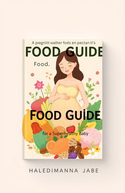 A visually engaging cover design for a food guide titled 'A Pregnant Mother's Food Guide for a Super-Healthy Baby' by Halindimana Jabel