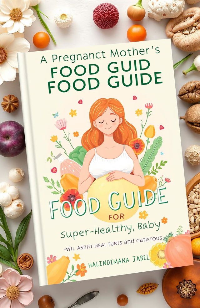 A visually engaging cover design for a food guide titled 'A Pregnant Mother's Food Guide for a Super-Healthy Baby' by Halindimana Jabel