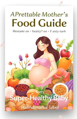 A visually engaging cover design for a food guide titled 'A Pregnant Mother's Food Guide for a Super-Healthy Baby' by Halindimana Jabel