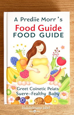 A visually engaging cover design for a food guide titled 'A Pregnant Mother's Food Guide for a Super-Healthy Baby' by Halindimana Jabel