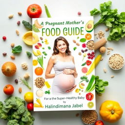 A beautifully designed food guide cover for a book titled 'A Pregnant Mother's Food Guide for a Super-Healthy Baby' by Halindimana Jabel