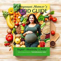 A beautifully designed food guide cover for a book titled 'A Pregnant Mother's Food Guide for a Super-Healthy Baby' by Halindimana Jabel