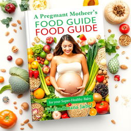 A beautifully designed food guide cover for a book titled 'A Pregnant Mother's Food Guide for a Super-Healthy Baby' by Halindimana Jabel