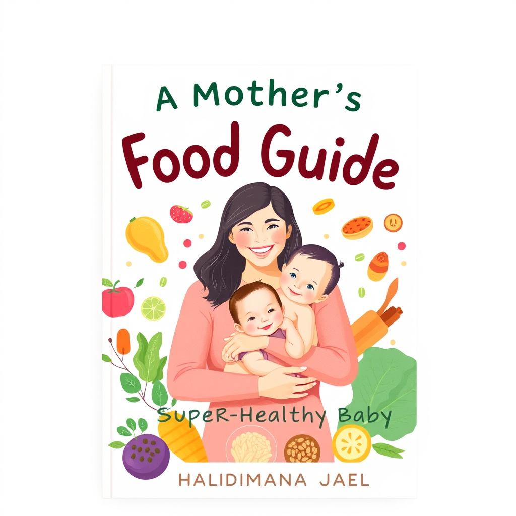 A visually appealing cover design for a baby food guide titled 'A Mother's Food Guide for a Super-Healthy Baby' by Halindimana Jabel