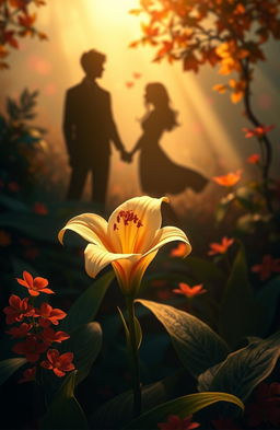 A beautifully detailed scene depicting a last blooming Bunga Lily, surrounded by vibrant foliage