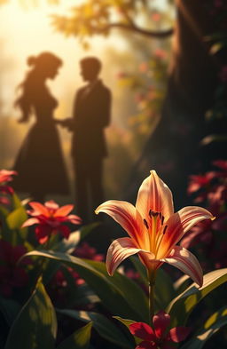 A beautifully detailed scene depicting a last blooming Bunga Lily, surrounded by vibrant foliage