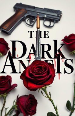 A dramatic book cover titled 'The Dark Angels' featuring bold, bloody letters for the title, with a gun in the background firing towards it