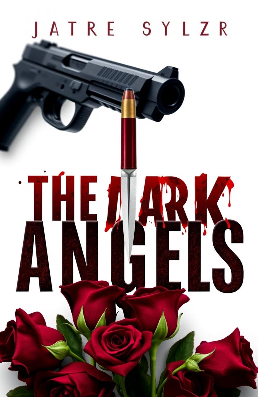 A dramatic book cover titled 'The Dark Angels' featuring bold, bloody letters for the title, with a gun in the background firing towards it