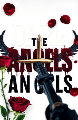 A dramatic book cover titled 'The Dark Angels' featuring bold, bloody letters for the title, with a gun in the background firing towards it