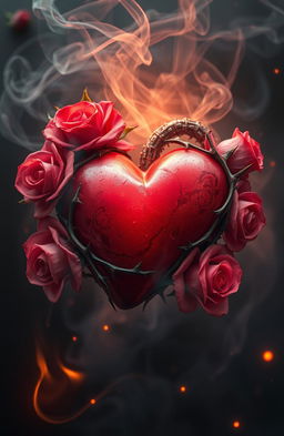 A delicate heart enveloped in lush roses, intricate thorns adorning its edges, with swirling smoke and glowing fire embers gently surrounding it, creating an enchanting and dramatic atmosphere, rich in detail and texture