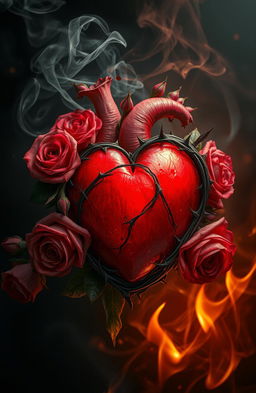 A delicate heart enveloped in lush roses, intricate thorns adorning its edges, with swirling smoke and glowing fire embers gently surrounding it, creating an enchanting and dramatic atmosphere, rich in detail and texture