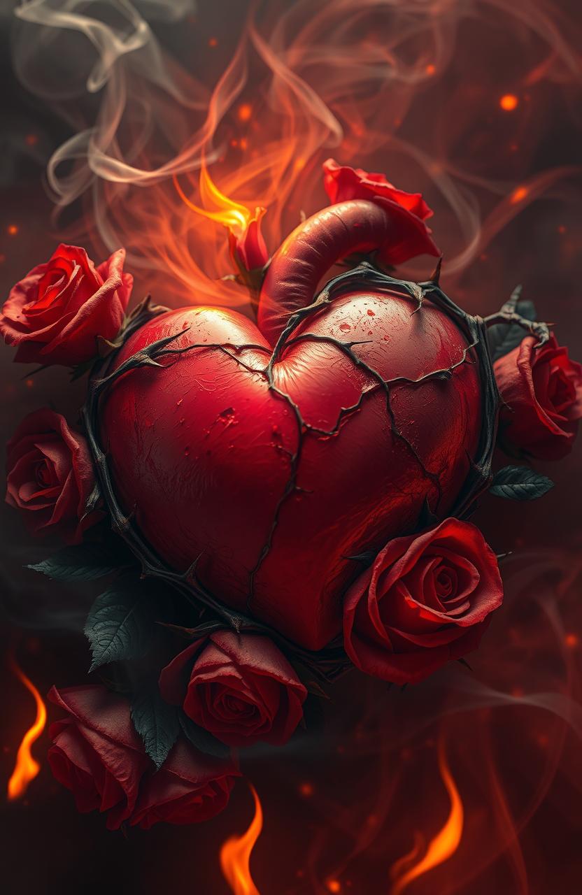 A delicate heart enveloped in lush roses, intricate thorns adorning its edges, with swirling smoke and glowing fire embers gently surrounding it, creating an enchanting and dramatic atmosphere, rich in detail and texture