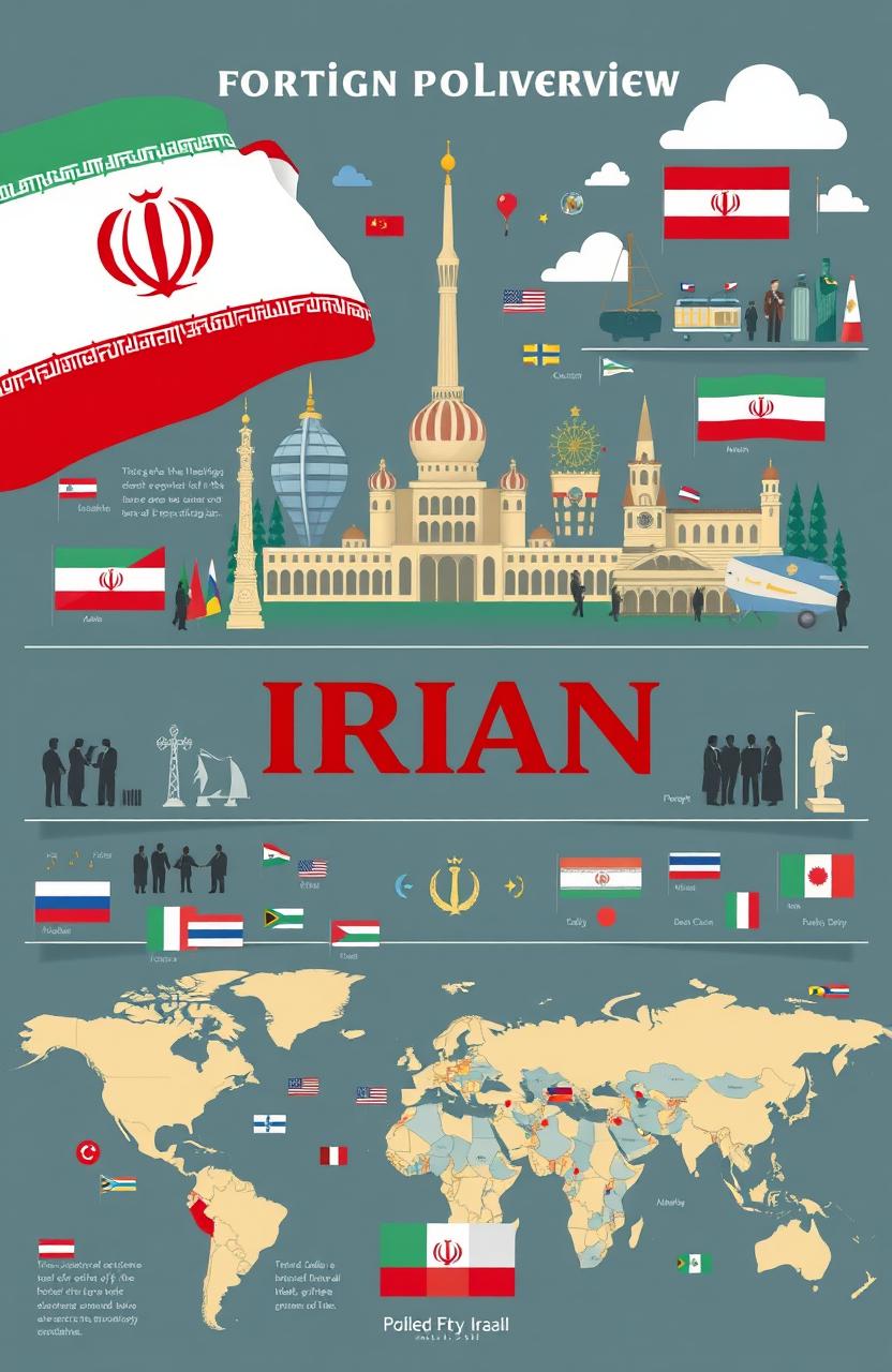 A professional and informative overview illustration showcasing the foreign policy of Iran