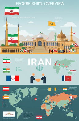 A professional and informative overview illustration showcasing the foreign policy of Iran