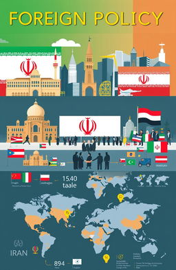 A professional and informative overview illustration showcasing the foreign policy of Iran