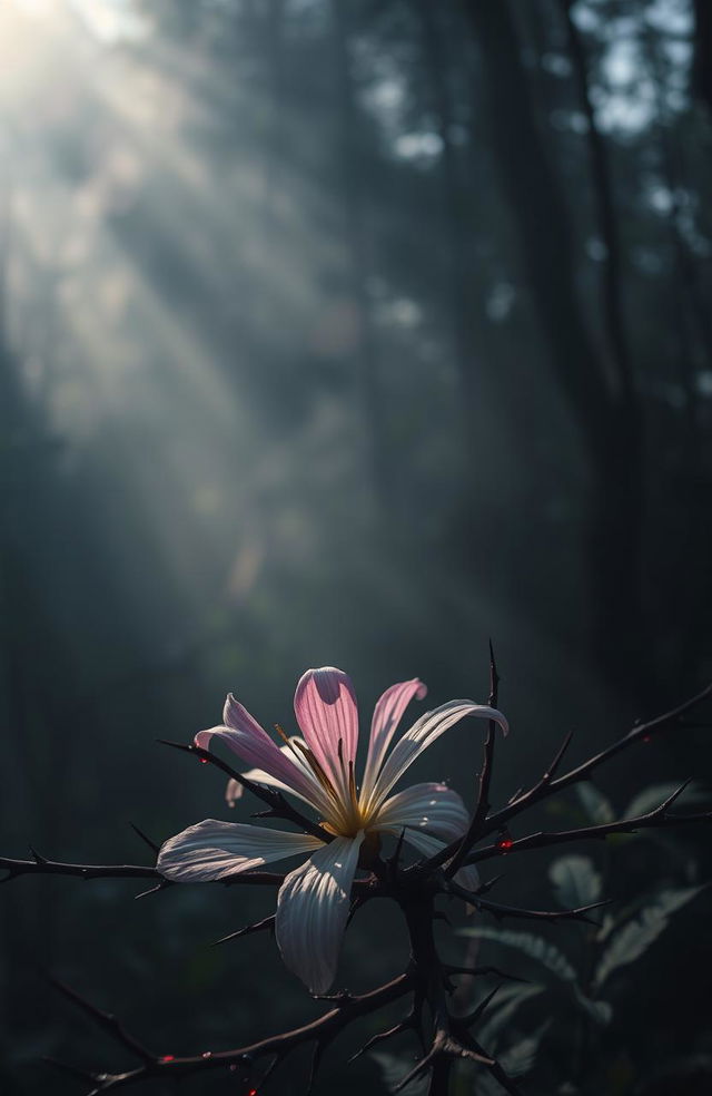 A striking wildflower trapped within sharp thorns, surrounded by dark red blood droplets, creating a vivid contrast against its delicate petals