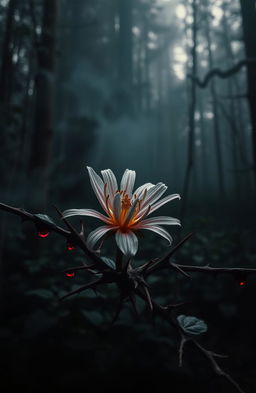 A striking wildflower trapped within sharp thorns, surrounded by dark red blood droplets, creating a vivid contrast against its delicate petals