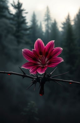 A striking wildflower trapped within sharp thorns, surrounded by dark red blood droplets, creating a vivid contrast against its delicate petals