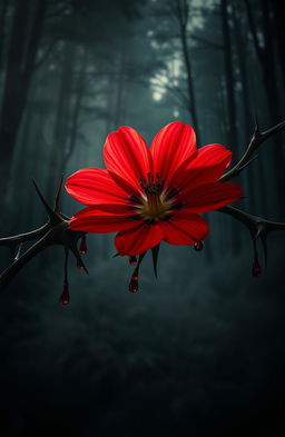 A striking wildflower trapped within sharp thorns, surrounded by dark red blood droplets, creating a vivid contrast against its delicate petals