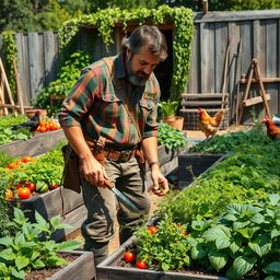 A vibrant depiction of a survivalist gardener tending to a lush vegetable garden, surrounded by a variety of plants and herbs