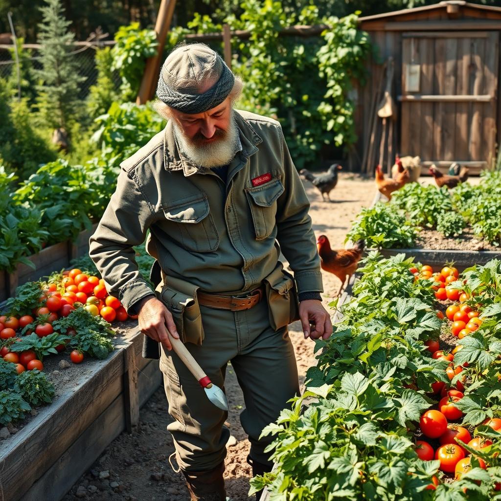 A vibrant depiction of a survivalist gardener tending to a lush vegetable garden, surrounded by a variety of plants and herbs