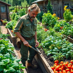 A vibrant depiction of a survivalist gardener tending to a lush vegetable garden, surrounded by a variety of plants and herbs