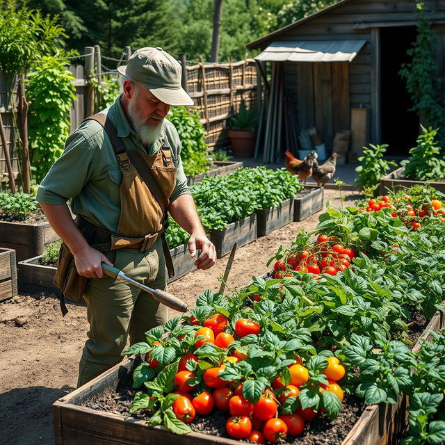 A vibrant depiction of a survivalist gardener tending to a lush vegetable garden, surrounded by a variety of plants and herbs