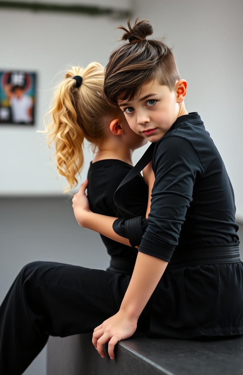 A captivating scene featuring a boy and a girl in a dynamic position