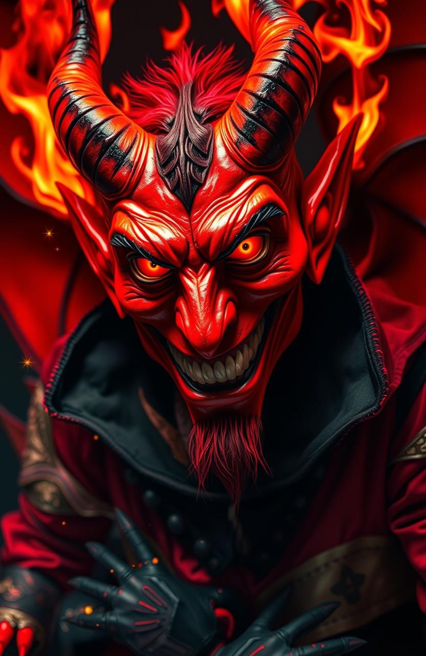 A striking Red Devil character featuring bold red and black colors, adorned with intricate details and special effects