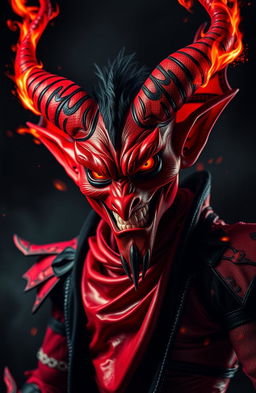 A striking Red Devil character featuring bold red and black colors, adorned with intricate details and special effects