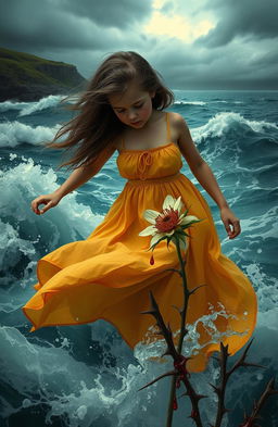 A dramatic scene depicting a girl wearing a flowing sundress, struggling in the sea as waves crash around her