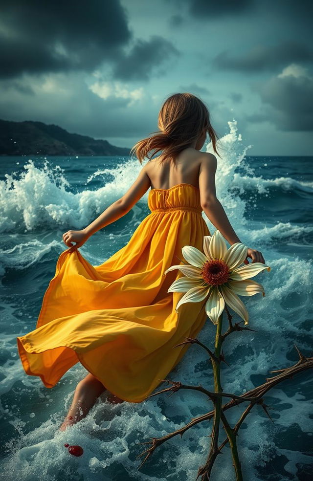 A dramatic scene depicting a girl wearing a flowing sundress, struggling in the sea as waves crash around her