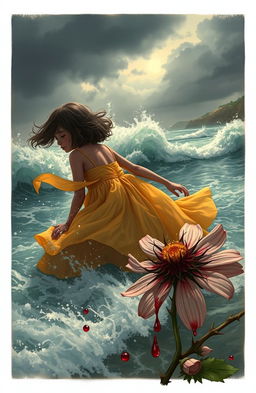 A dramatic scene depicting a girl wearing a flowing sundress, struggling in the sea as waves crash around her