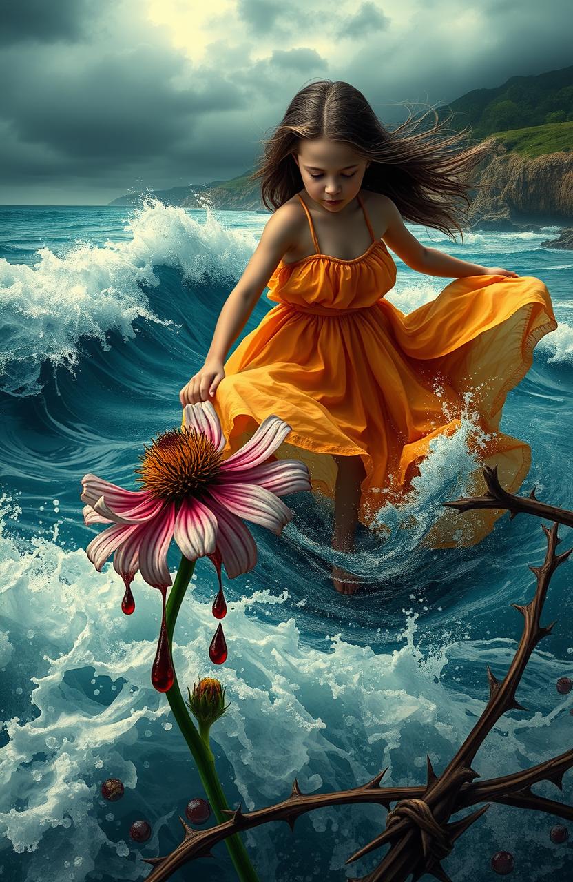 A dramatic scene depicting a girl wearing a flowing sundress, struggling in the sea as waves crash around her