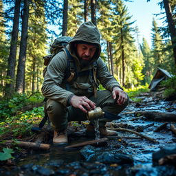 A rugged survivalist in a dense forest setting, showcasing skills for thriving in the wilderness