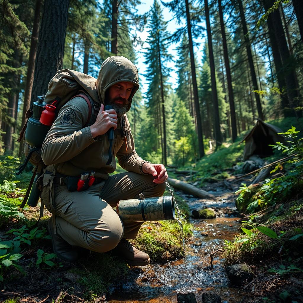 A rugged survivalist in a dense forest setting, showcasing skills for thriving in the wilderness