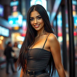 A stunning young woman with a captivating smile and sultry demeanor, exuding confidence and charm