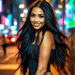 A stunning young woman with a captivating smile and sultry demeanor, exuding confidence and charm