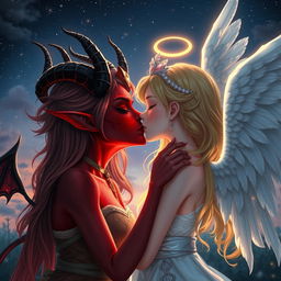 An enchanting scene featuring a demon girl and an angel girl in a beautiful, ethereal environment