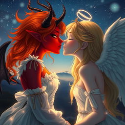 An enchanting scene featuring a demon girl and an angel girl in a beautiful, ethereal environment