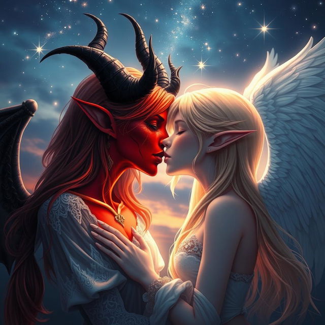 An enchanting scene featuring a demon girl and an angel girl in a beautiful, ethereal environment