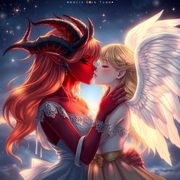An enchanting scene featuring a demon girl and an angel girl in a beautiful, ethereal environment
