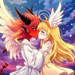 An anime-inspired illustration of a demon girl and an angel girl, both depicted in a stylized and artistic manner