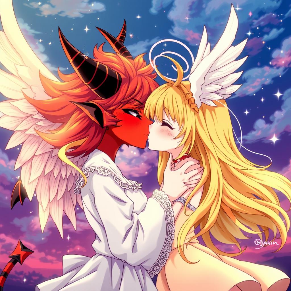 An anime-inspired illustration of a demon girl and an angel girl, both depicted in a stylized and artistic manner