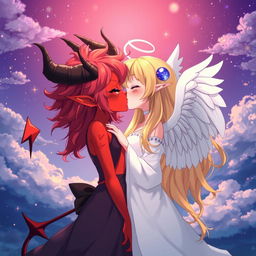 An anime-inspired illustration of a demon girl and an angel girl, both depicted in a stylized and artistic manner