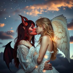 A captivating scene of two real-life models portraying a demon girl and an angel girl