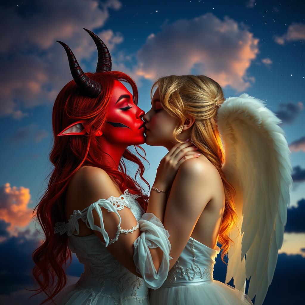 A captivating scene of two real-life models portraying a demon girl and an angel girl